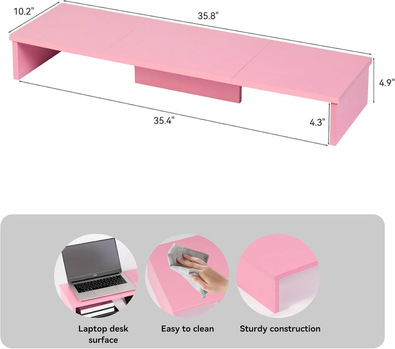 Qupui Dual Monitor Stand Riser, Large Computer Monitor Stand for Desk, Monitor Riser for 2 Monitors, Wood Desk Shelf for Top of Desk, Desktop Organizer for Computer, Laptop, Printer, TV, Pink - Image 2